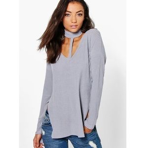 BooHoo Violet Choker Neck Long Sleeve Shirt
